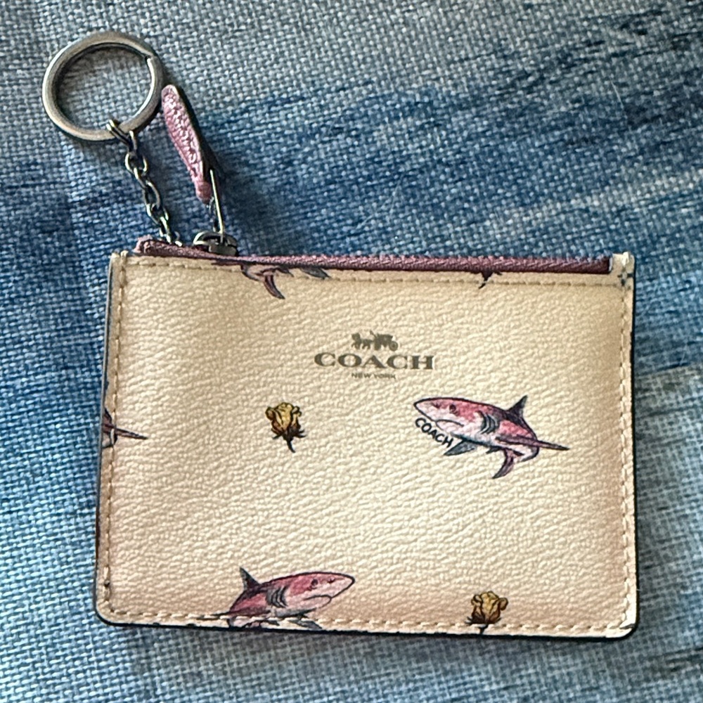 Coach Cream and Pink Shark Print Card Case Key Ring